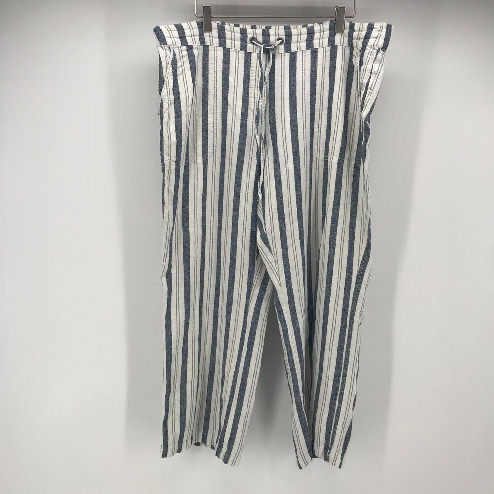 Per Se Crop Pant Womens 1X Plus Blue White Stripe Wide Leg Pull On Elastic Waist